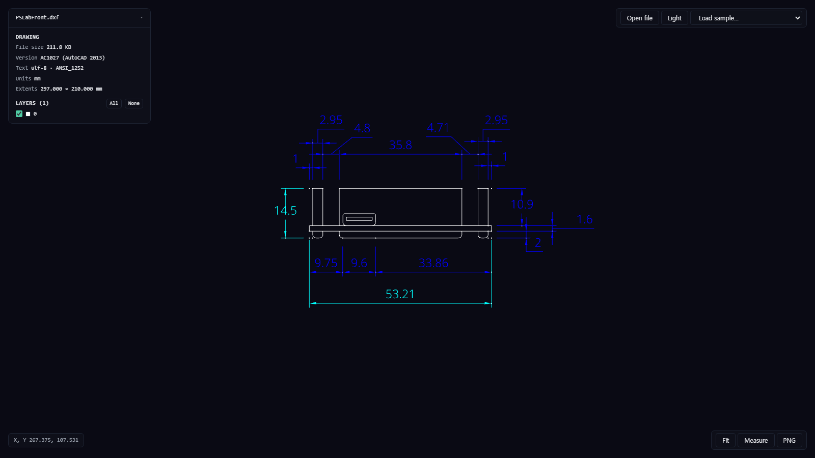 DXF viewer online — an AutoCAD drawing with its dimensions open in MakerSuite 3D